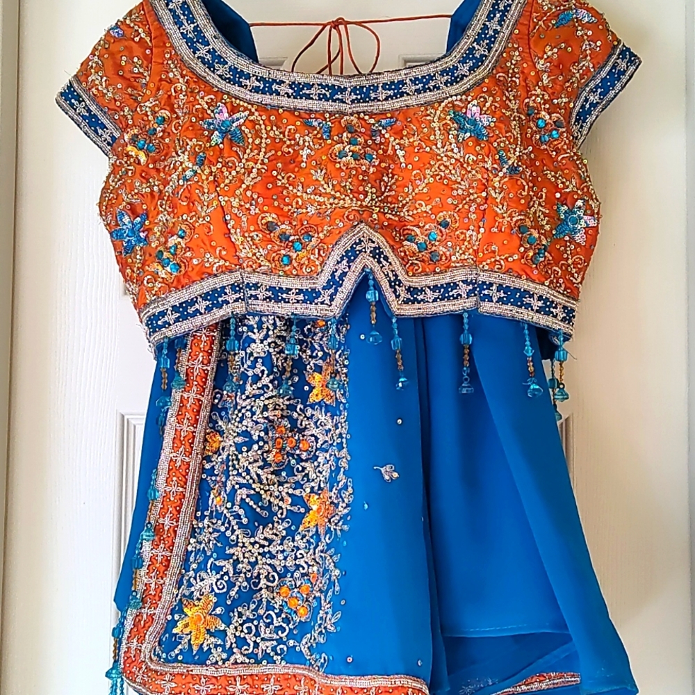 Designer ready to wear saree Embellished Blue and Orange